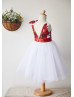 White Printed Satin Tulle Knee Length Romantic Flower Girl Dress